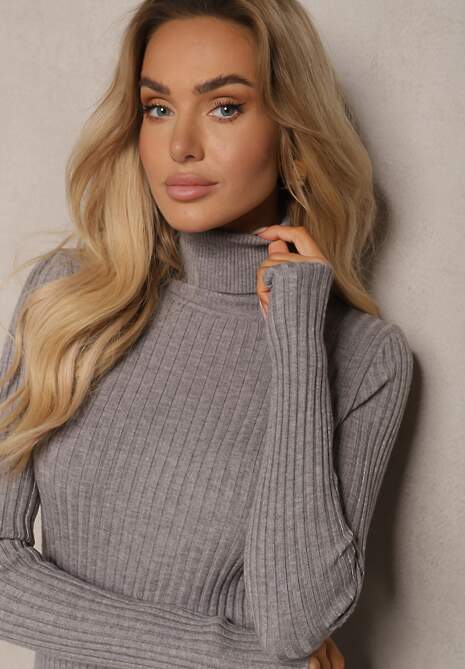 Szara Dopasowana Prążkowana Sukienka Sweterkowa z Golfem Wełną Bawełną i Kaszmirem Vaiovia