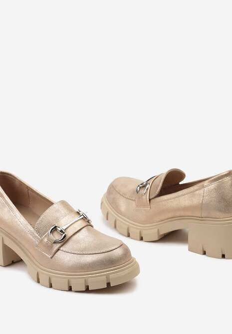 Różowe Półbuty na Słupku i Platformie w Stylu Mokasynów z Metalową i Skórzaną Wkładką Klamrą Volea