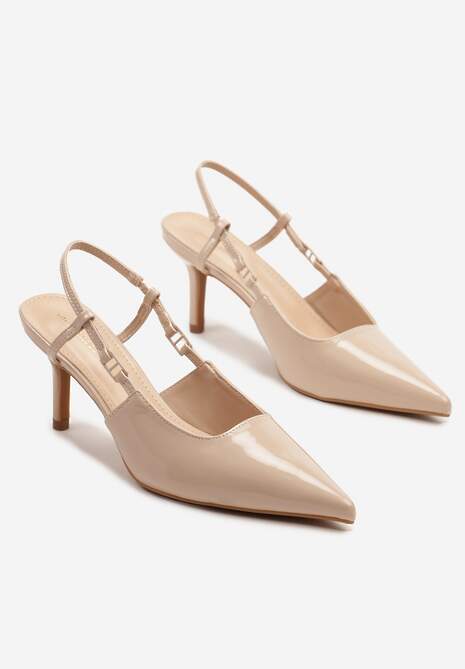 Beżowe Lakierowane Sandały na Szpilce ze Spiczastym Noskiem Odelna