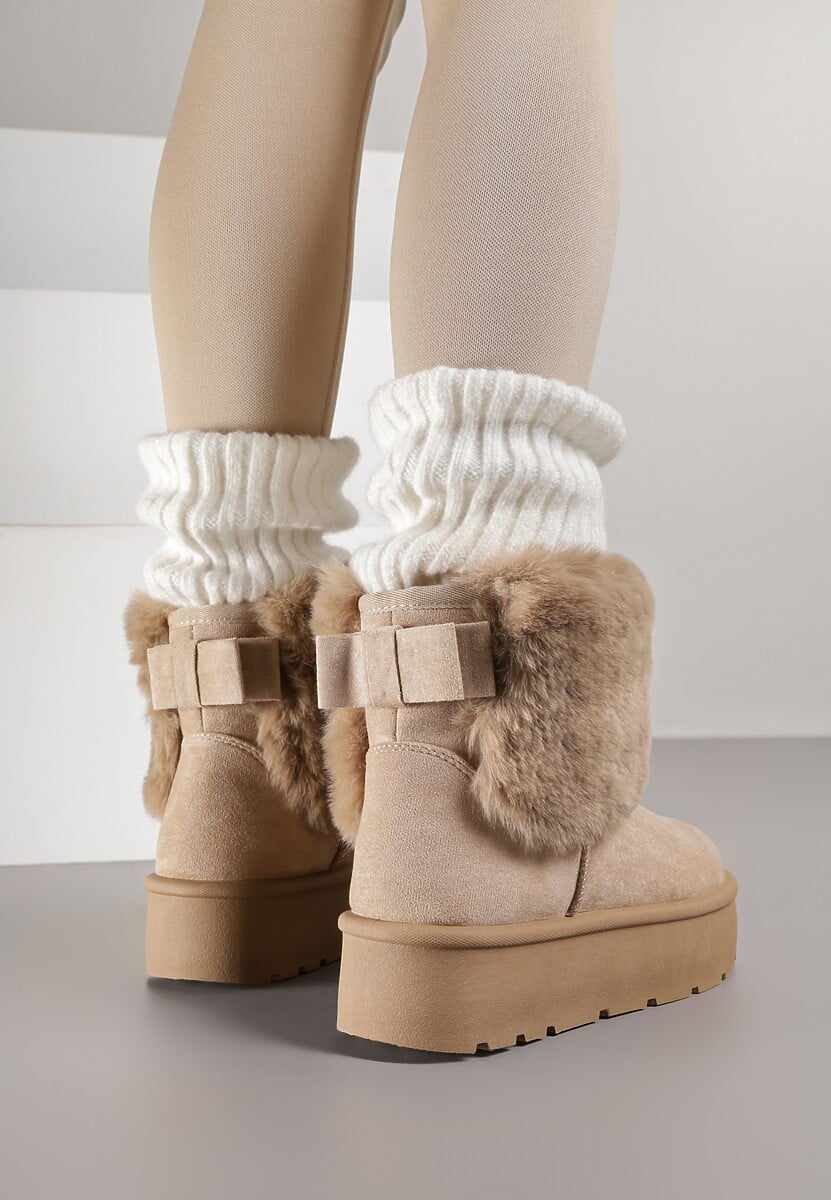 Ciemnobeżowe Śniegowce z Cholewką za Kostkę Ocieplane z Futerkiem i Małą Kokardą Reinedia