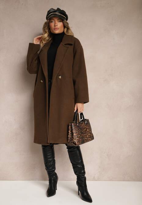 Brązowy Dwurzędowy Płaszcz Oversize z Wełną Spolete