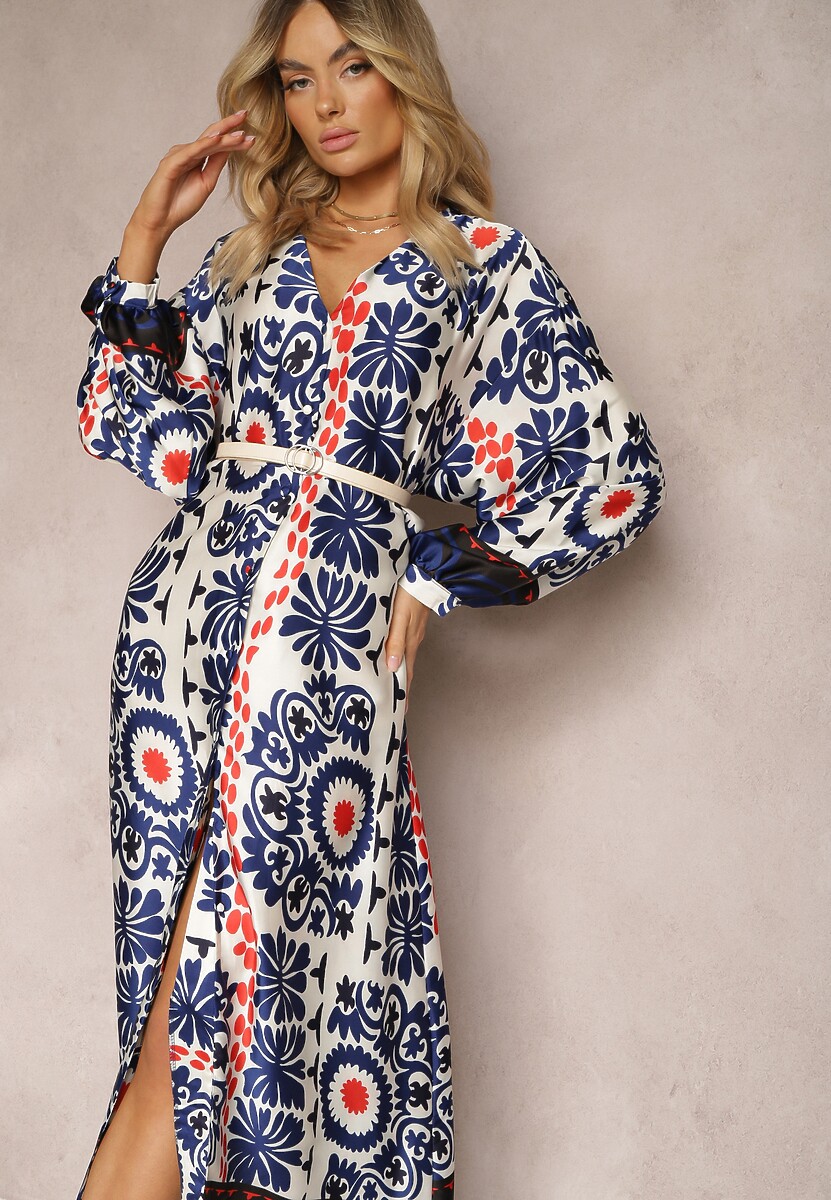 Niebieska Pudełkowa Sukienka z Satynowej Tkaniny w Ornamentalny Wzór Allilena