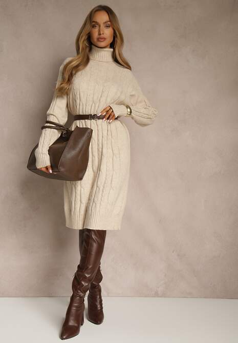 Jasnobeżowa Sukienka Sweterkowa z Golfem Wełną  Bawełną i Ozdobnym Splotem Reilenea