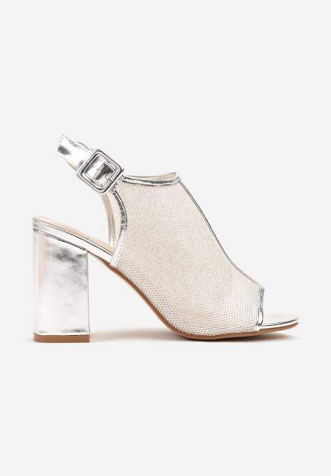 Srebrne Sandały w Stylu Botków na Słupku z Brokatem i Klamerką Boltewi