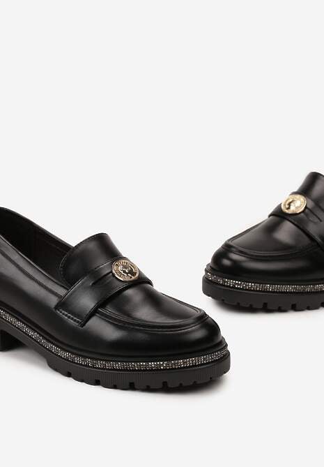 Czarne Mokasyny z Cekinami wokół Podeszwy i Złotą Klamrą Elorasia