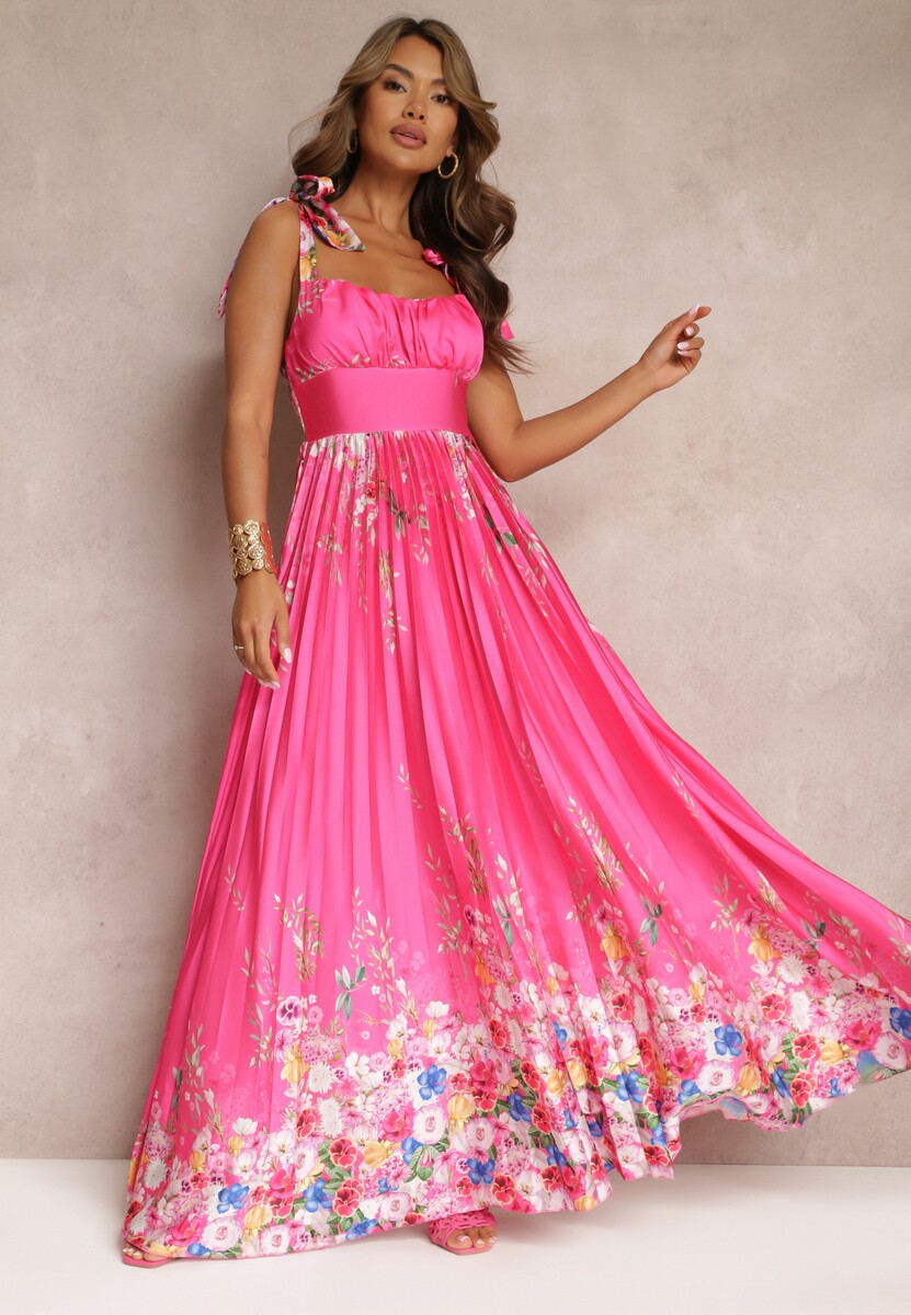 Fuksjowa Plisowana Sukienka Maxi na Wiązanych Ramiączkach Ullita