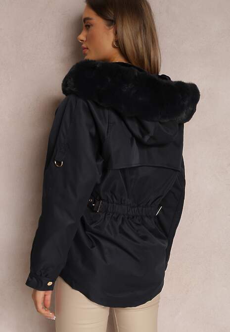 Granatowa Kurtka Nylonowa Parka z Odpinanym Futerkiem Pasca