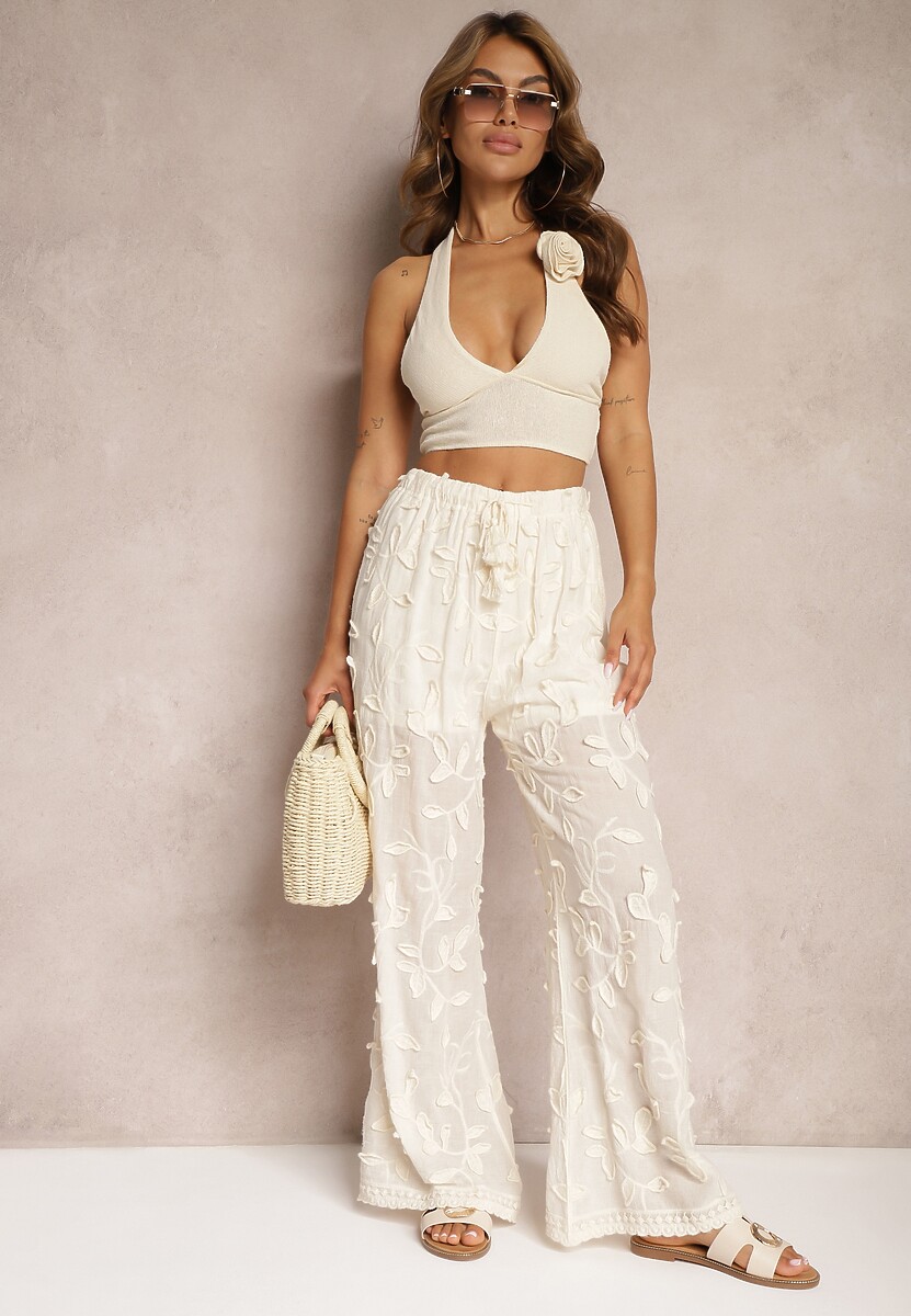 Białe Spodnie High Waist o Ażurowym Wykończeniu z Gumką w Talii Gralefia