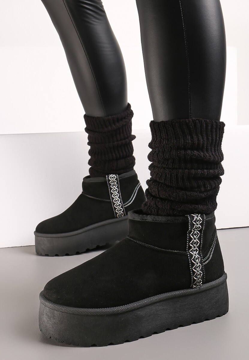 Czarne Śniegowce na Wsuwanie z Ozdobnym Paskiem i Grubą Podeszwą Veonli