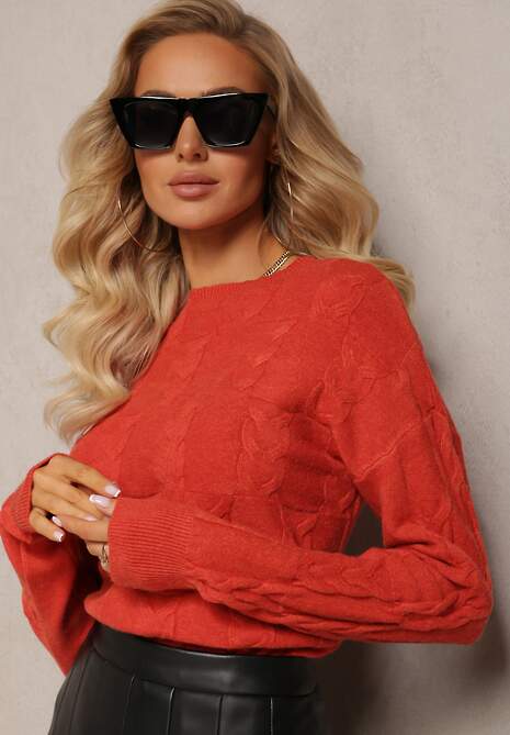 Pomarańczowy Warkoczowy Sweter z Długim Rękawem i Ściągaczami Kaviss
