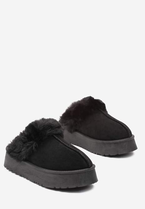 Czarne Kapcie na Platformie z Ekozamszu z Futerkiem Livorn