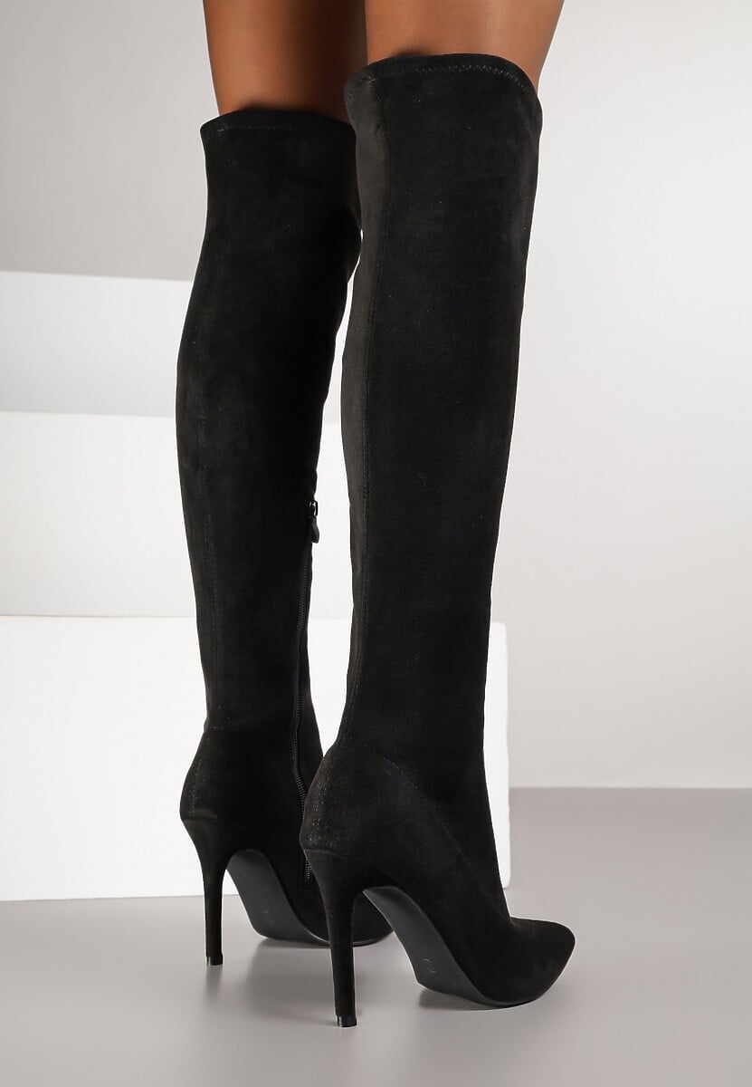 Czarne Kozaki Vices z Imitacji Zamszu na Szpilce z Marszczoną Cholewką Calavelie