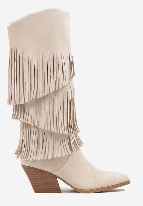 Beżowe Kozaki Kowbojki na Stożku Ozdobione Frędzlami Giolanda