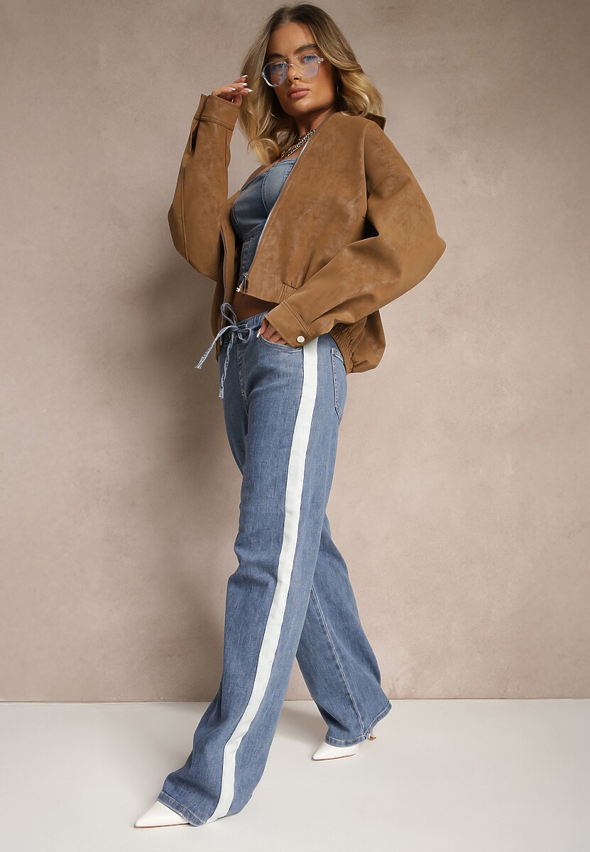 Niebieskie Szerokie Jeansy z Gumką w Talii Zdobione Lampasami Nusiela