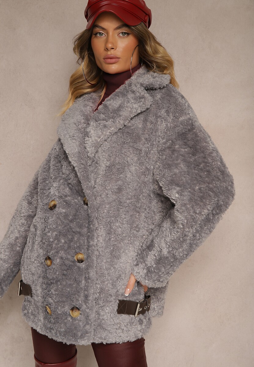 Szara Futrzana Kurtka Typu Baranek z Ozdobnymi Paskami i Dwurzędowym Zapięciem Nikira