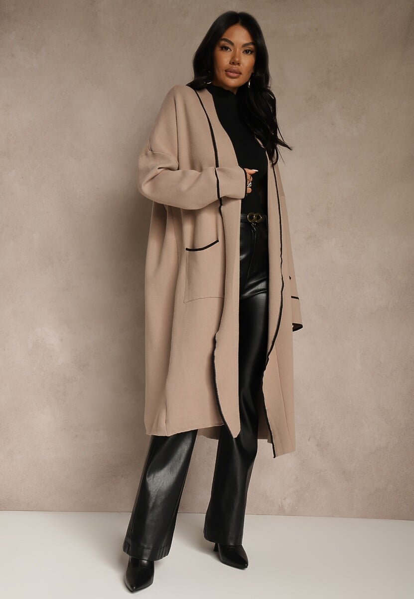 Beżowy Niezapinany Kardigan o Długim Kroju z Lamówką Venisse