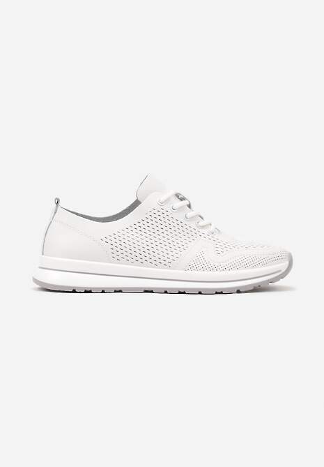 Białe Skórzane Buty Sportowe na Płaskiej Podeszwie ze Skórzaną Wkładką Ozdobione Perforacją Falali