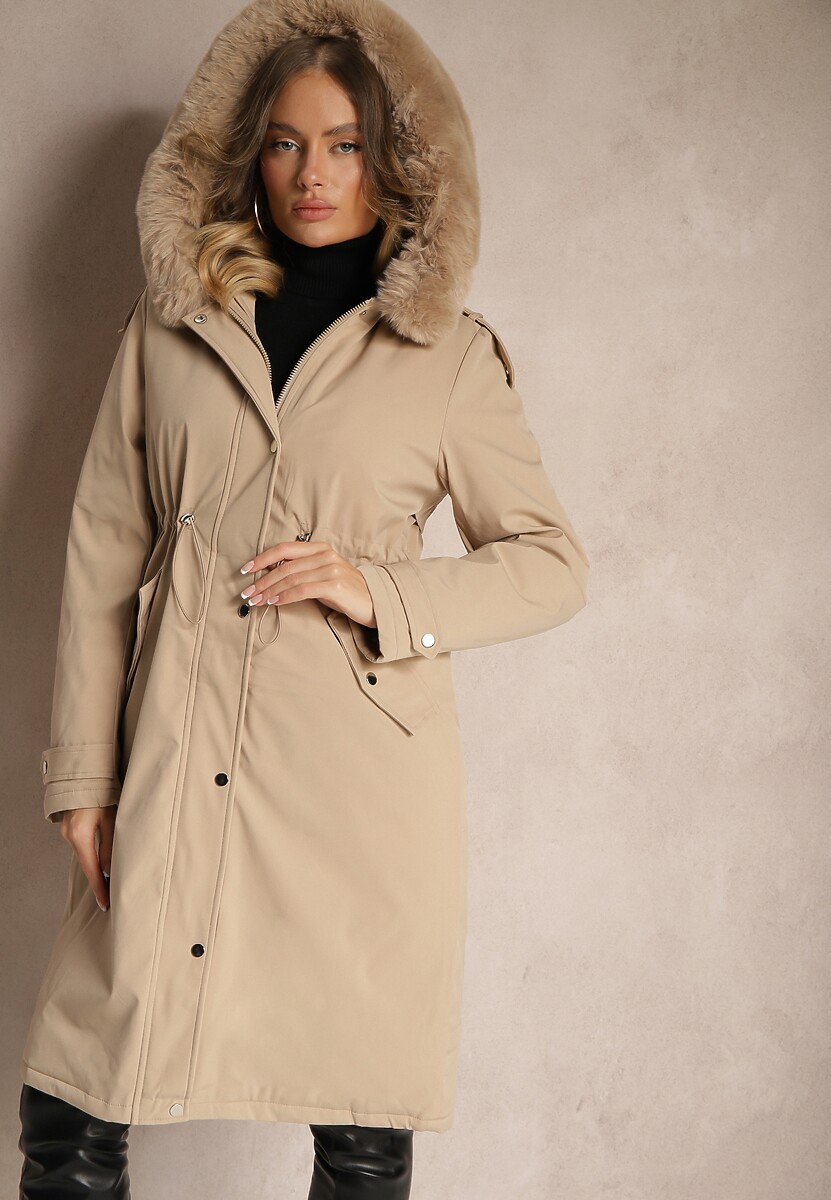 Beżowa Długa Kurtka o Fasonie Parki z Futerkiem Edelais