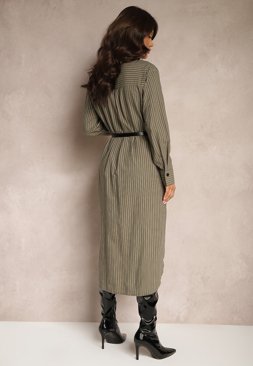 Zielona Sukienka Koszulowa z Guzikami Ozdobiona Imitacją Kieszeni i Paskiem Tintorella