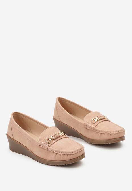 Różowe Półbuty z Ekoskóry z Koturnem i Metalicznym Detalem Fornal