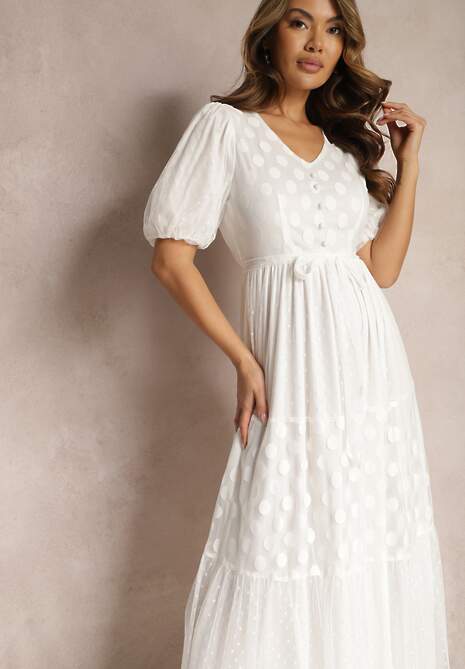 Biała Maxi Sukienka Tiulowa Rozkloszowana z Paskiem i Bufiastymi Rękawami Bervilla