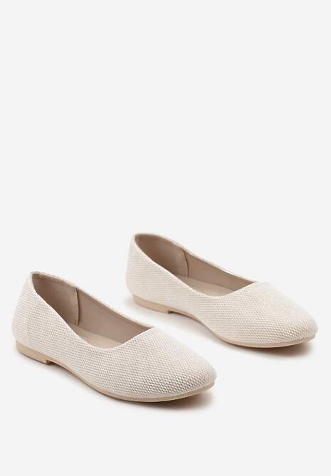 Beżowo-Złote Klasyczne Balerinki Materiałowe z Okrągłym Noskiem Sililena