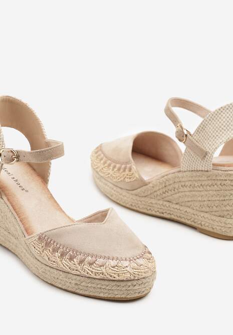 Ciemnobeżowe Sandały na Plecionym Koturnie w Typie Espadryli Nanissa