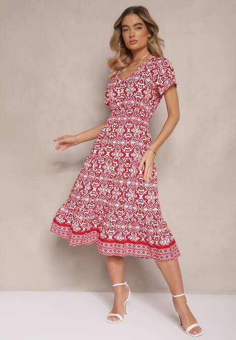 Czerwona Rozkloszowana Sukienka z Bawełny w Print Paisley Lanarisa