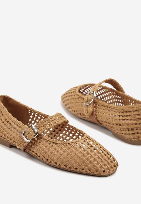 Brązowe Ażurowe Balerinki w Stylu Mary Jane z Plecioną Cholewką Deraelle