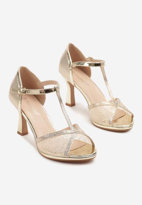 Złote Brokatowe Sandały z Cyrkoniami na Obcasie Typu Klepsydra Zarineas