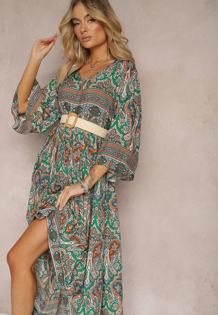 Czarno-Bordowa Rozkloszowana Sukienka we Wzór Paisley z Rękawem 3/4 Briarwa