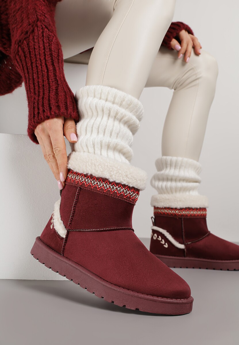 Brązowe Śniegowce o Wsuwanym Fasonie z Haftem i Futrem przy Cholewce Mevinadia