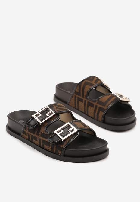 Brązowo-Czarne Klasyczne Klapki z Paskami ze Sprzączkami Redenelle