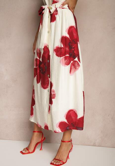 Czerwona Wiskozowa Kwiatowa Spódnica High Waist z Ozdobnym Paskiem i Guzikami Helseli