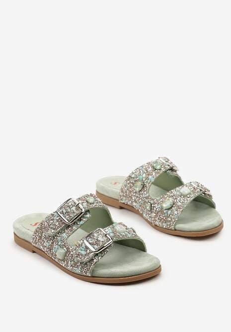 Zielone Klapki ze Sprzączkami Ozdobione Cyrkoniami i Kryształkami Elisnella