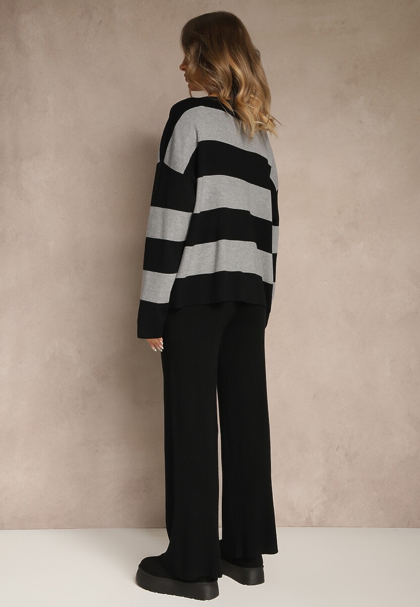 Szary Komplet z Dzianiny Spodnie Wide Leg i Sweter w Szerokie Pasy Falorella
