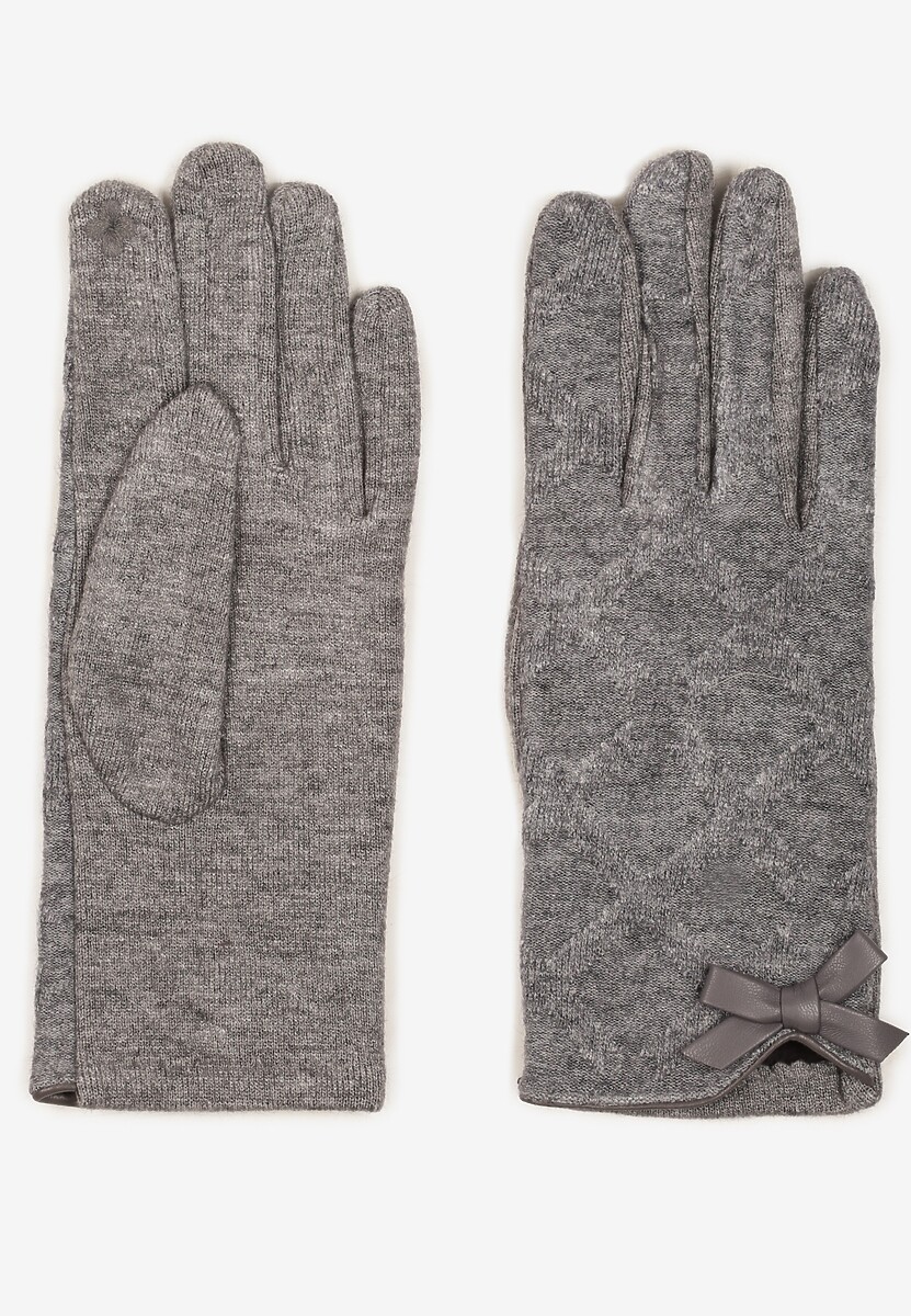 Szare Rękawiczki Dzianinowe z Bawełną Ozdobione Kokardą Filremi