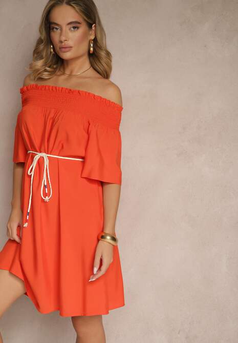 Pomarańczowa Sukienka Hiszpanka z Bawełną i Wiskozą Ozdobiona Sznurkiem Lilarelle