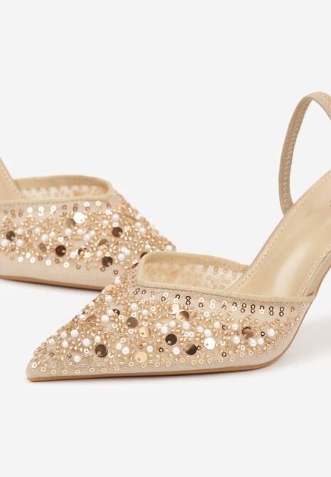 Ciemnobeżowe Szpilki Slingback Zdobione Perełkami i Cekinami Irifera