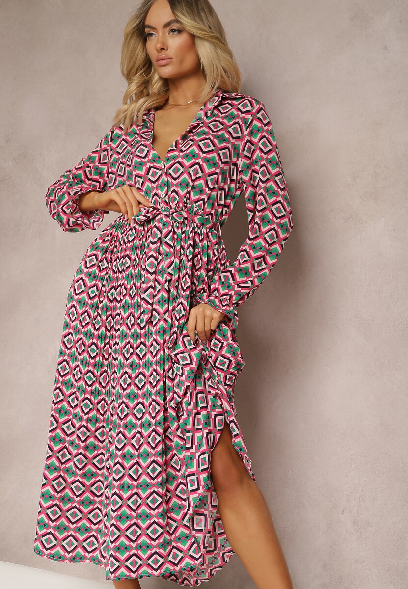 Fuksjowa Plisowana Sukienka Koszulowa z Wiązanym Paskiem Helminesa
