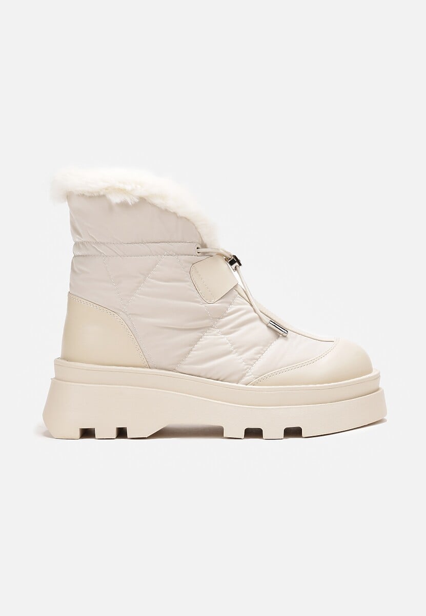 Beżowe Śniegowce z Futerkiem na Grubej Podeszwie ze Ściągaczem Azelma