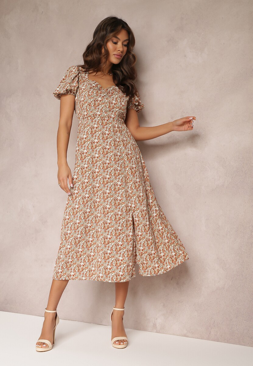 Beżowo-Zielona Rozkloszowana Sukienka Midi z Gumką w Pasie i Głębokim Dekoltem Lezly