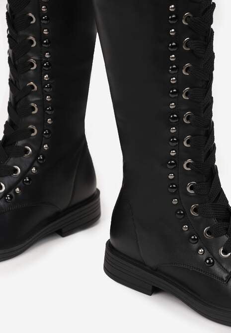 Czarne Kozaki Muszkieterki ze Sznurowaniem Noko