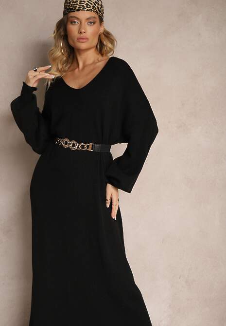 Czarna Pudełkowa Sukienka Sweterkowa z Wiskozą ze Ściągaczami Besizia