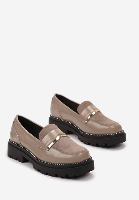 Ciemnobeżowe Mokasyny z Metaliczną Wstawką i Drobnymi Cyrkoniami Nivalu
