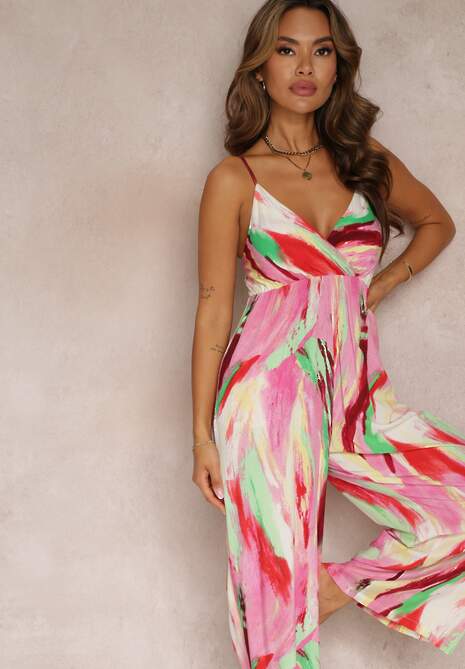 Czerwony Długi Kombinezon na Ramiączkach z Gumką w Pasie Maeville