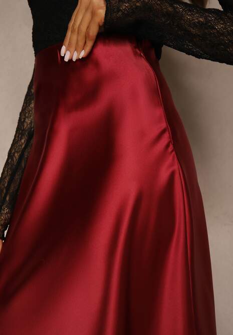 Bordowa Satynowa Midi Spódnica Rozkloszowana z Gumką w Pasie i Suwakiem Leose