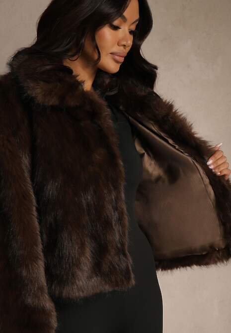 Brązowa Kurtka Futerko o Fasonie Cropped z Kołnierzem Abentia