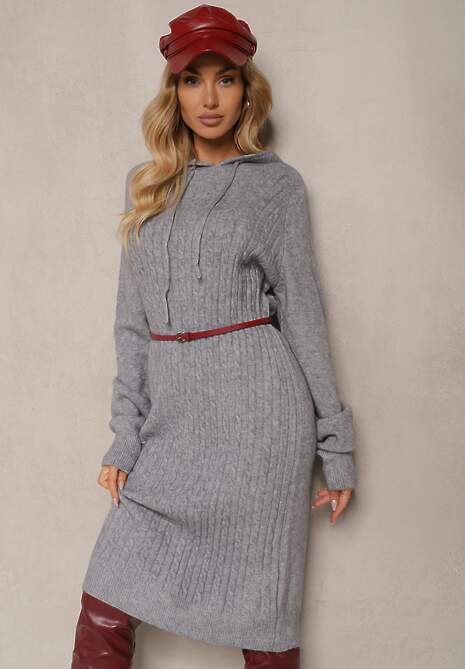 Szara Sukienka Sweterkowa z Kapturem Ozdobiona Sznurkami Ittilina