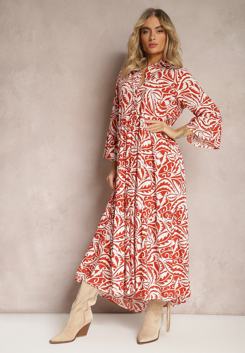 Pomarańczowo-Biała Sukienka Maxi z Falbanką z Guzikami i Orientalnym Wzorem Polka
